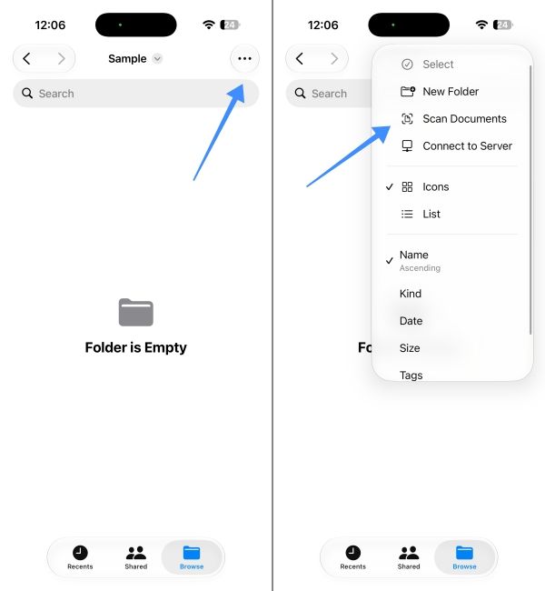 tap three dots and select scan documents in Files app tap three dots and select scan documents in Files app