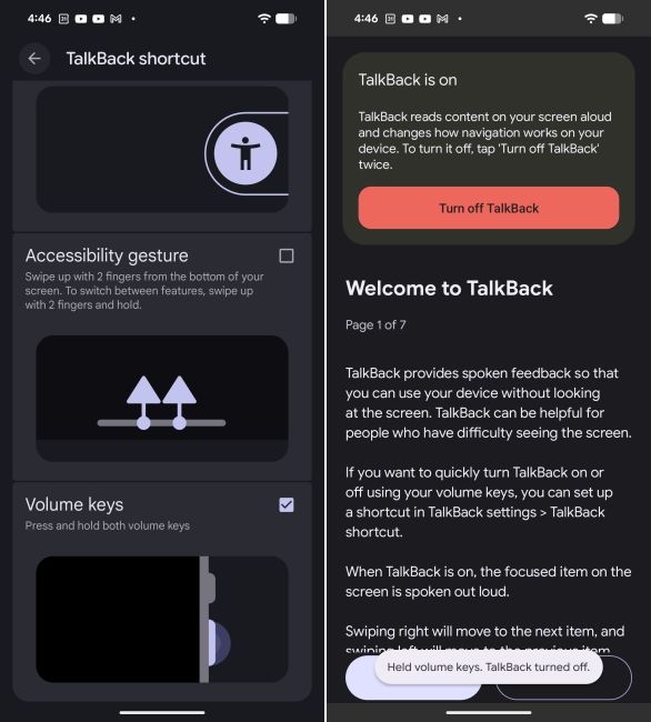 screenshot from an android phone showing how to disable talkback using volume keys screenshot from an android phone showing how to disable talkback using volume keys