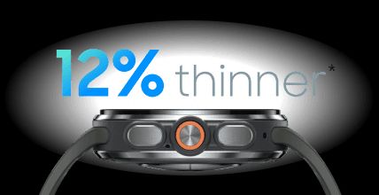 Samsung Galaxy Watch Ultra 2 from the sides with 12% thinner text