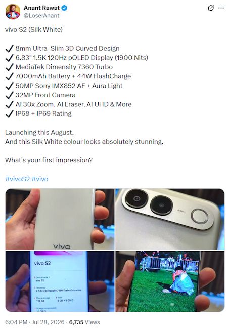 Vivo S2 key specs detailed and live images showcased