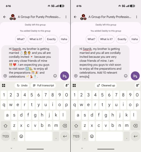 A line of text in a group chat with emojis and one without it