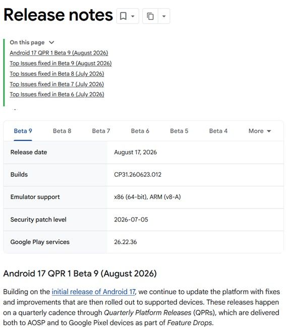 Google Android 17 QPR1 Beta 9 release nots and information