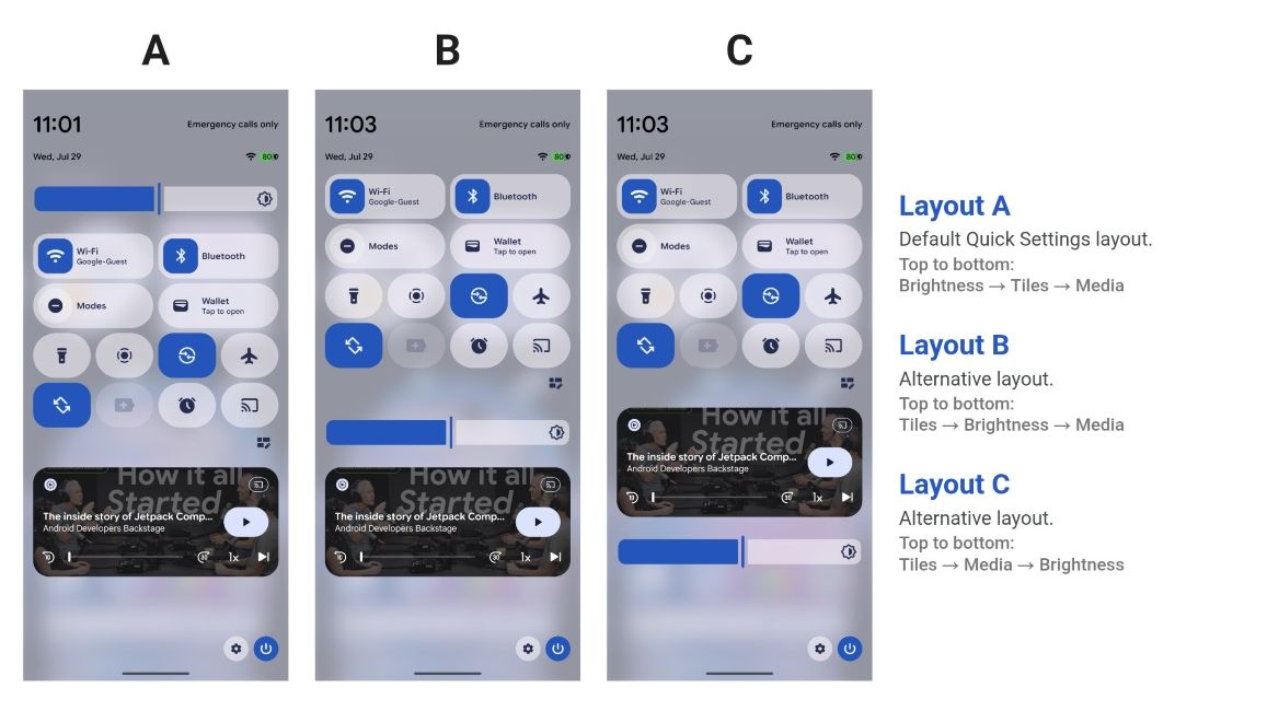 Android Quick Settings new customisation layouts