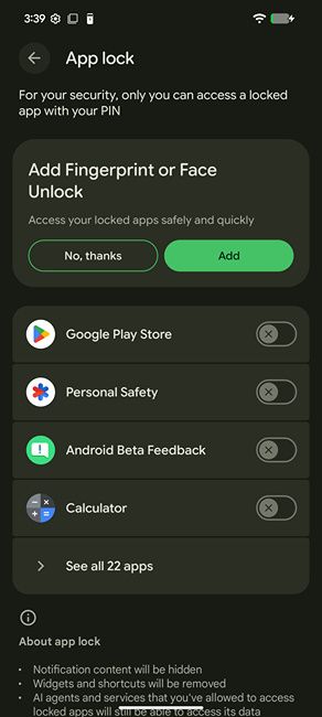 App Lock page on Android