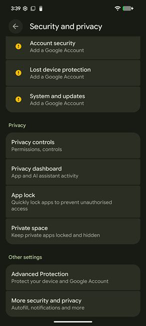 Android Security settings page