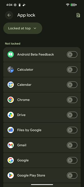 Android App Lock Settings page with all apps listed