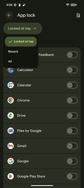 Android App Lock Settings page with app filters