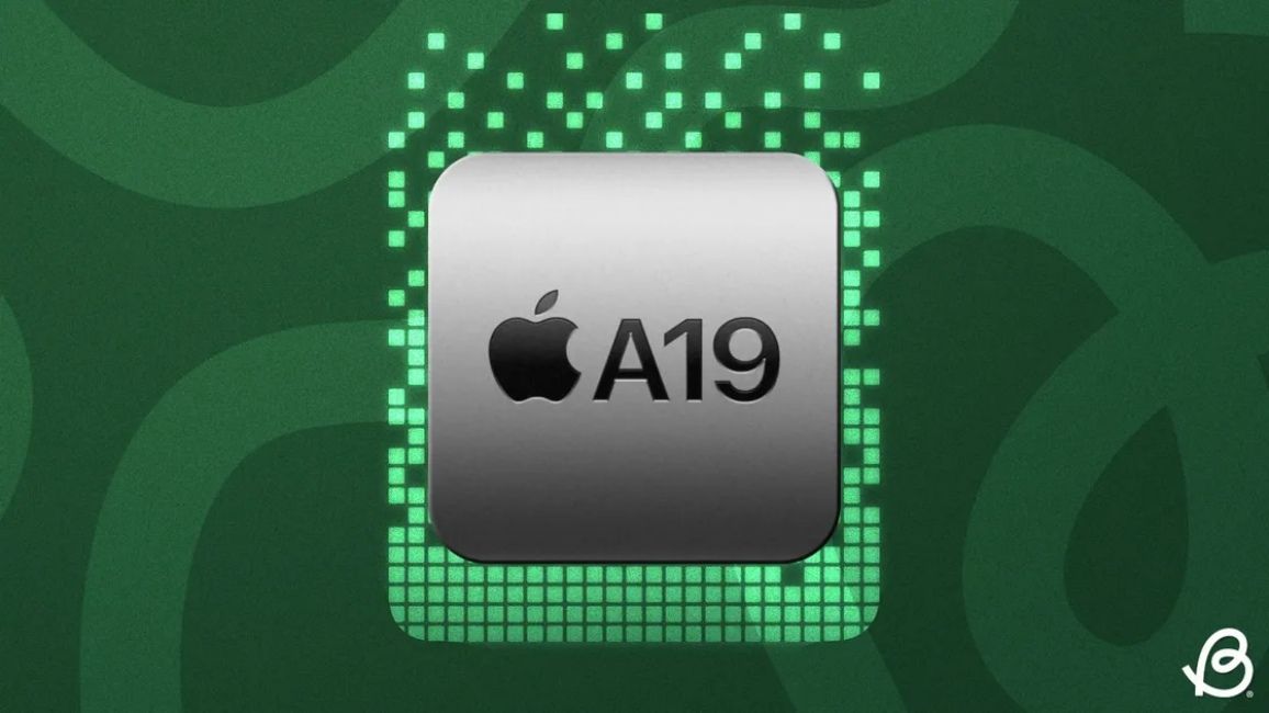 Apple A19 processor image against green background