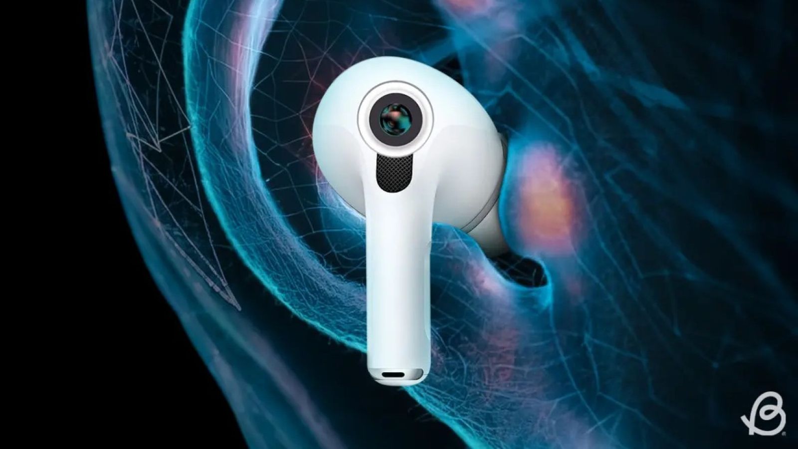 Apple AirPods in ear with a camera at the front