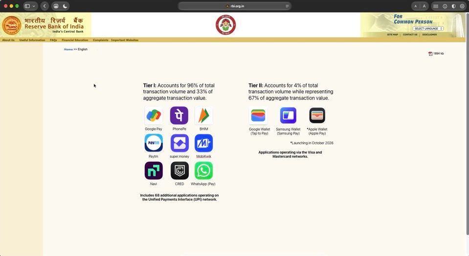 RBI official home page with Apple Pay listed as a payment wallet RBI official home page with Apple Pay listed as a payment wallet