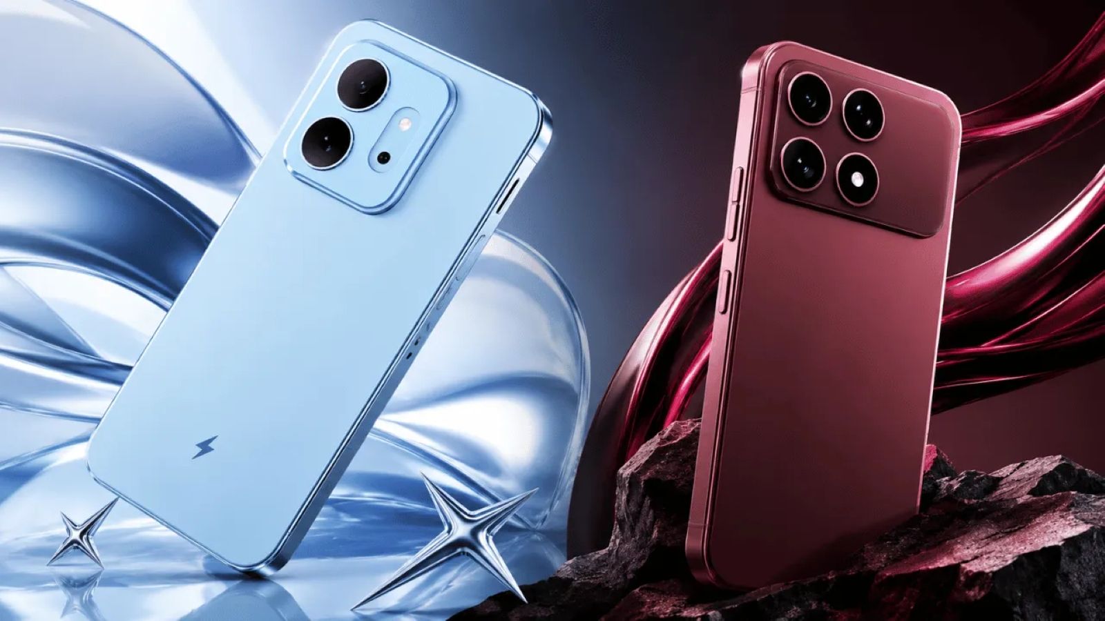 Boltt Evo and Boltt Ace 5G smartphones in blue and red