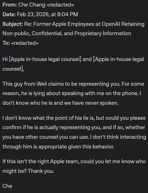 Email to Mr Chang from Apple legal representatives to gabe