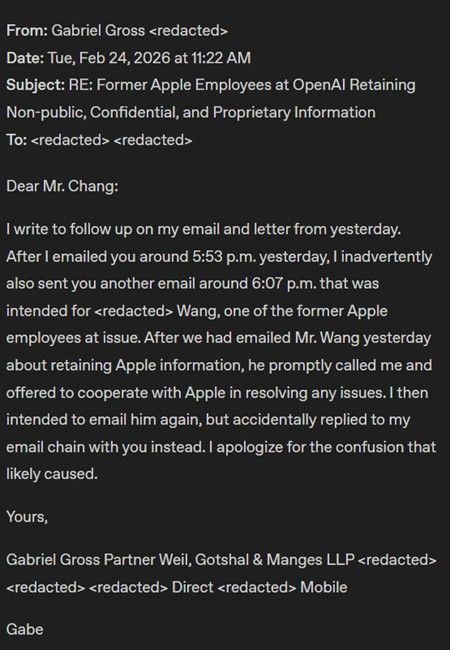 Email to Mr Chang from Apple legal representatives