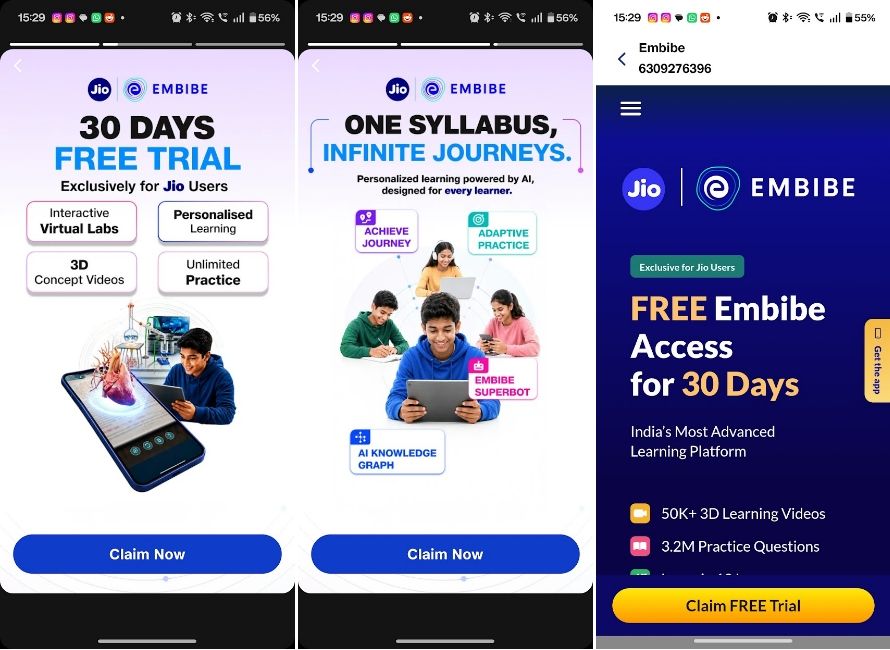 Jio Embibe offer with claim free trial text button Jio Embibe offer with claim free trial text button
