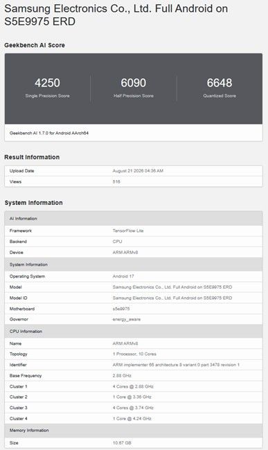 Samsung Exynos 2700 Geekbench AI test result