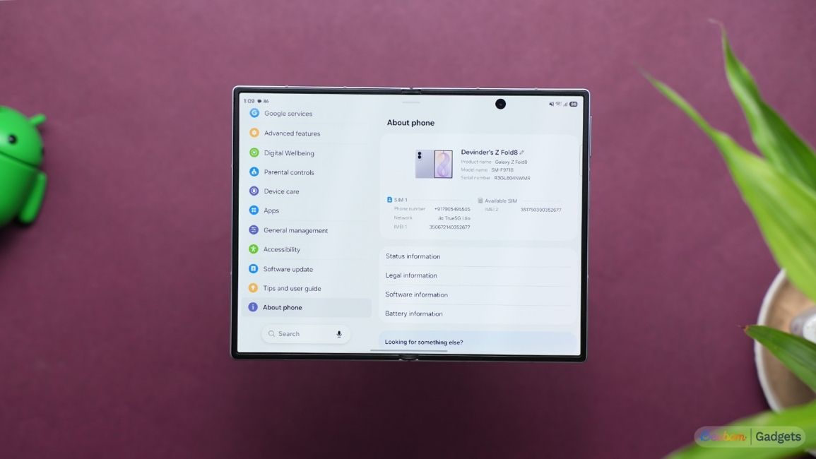 Galaxy Z Fold 8 Inner display open showing the about phone page 