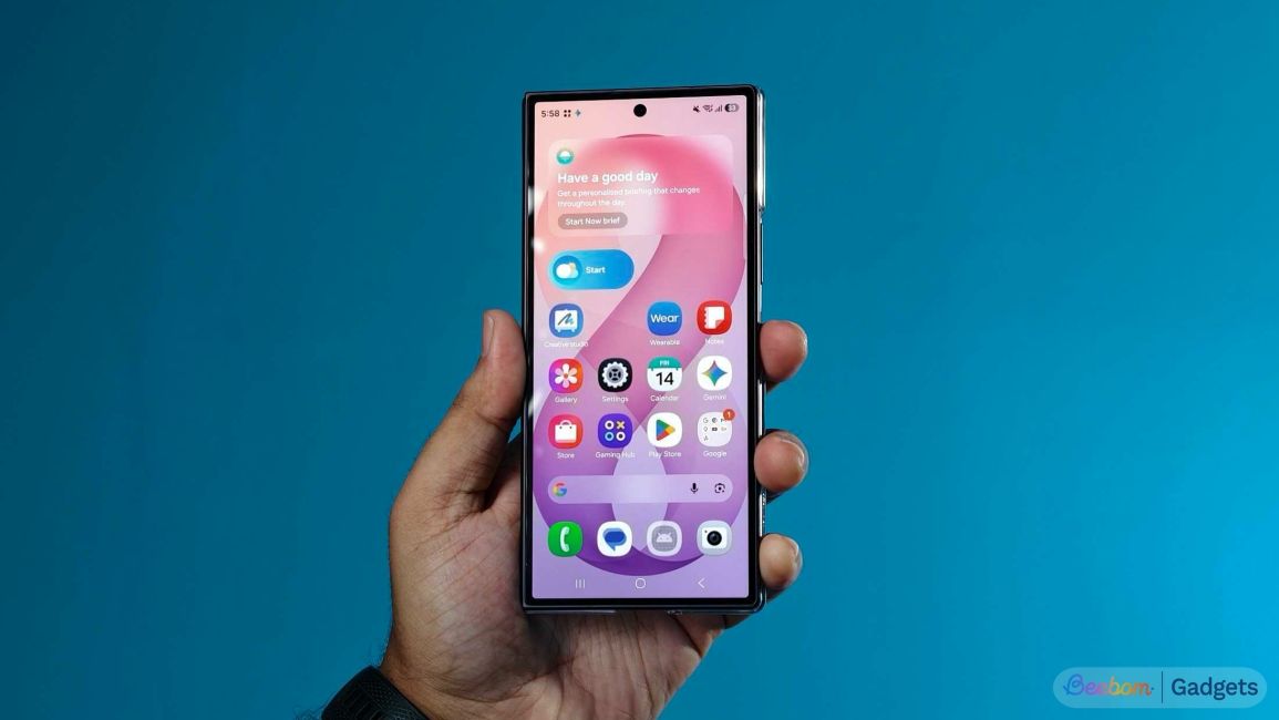 shot of the Galaxy Z Fold 8 Ultra held vertically in hand while showing the home screen