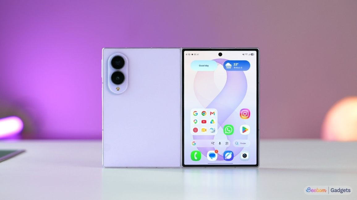 Galaxy Z Fold 8 shot from the back with the cover screen showing the home screen 