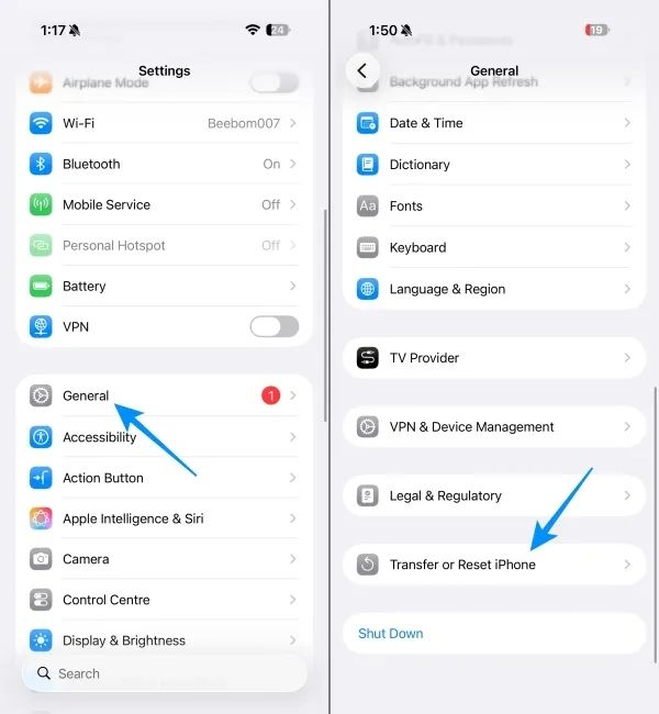 Go to the Transfer and Reset option in the iPhone Settings
