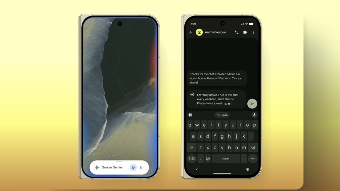 Google Pixel 11 Pro Fold Gemini features showcase on the outer screen against a yellow background 