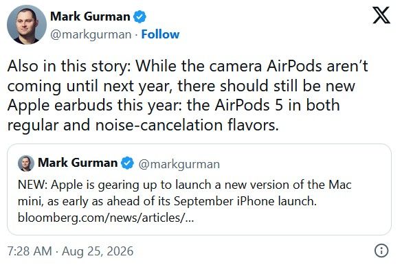 Apple AirPods 5 information from Mark Gurman on X Apple AirPods 5 information from Mark Gurman on X