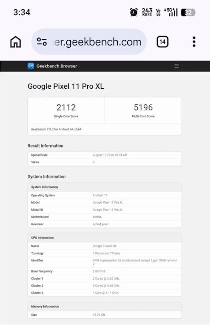 Google Pixel 11 Pro XL Geekbench listing reveals performance details