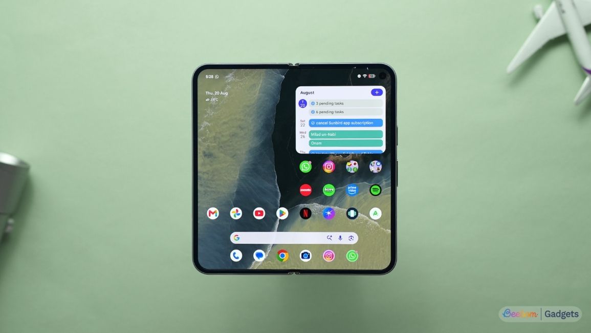 Home screen of the Pixel 11 Pro Fold displayed on its main display