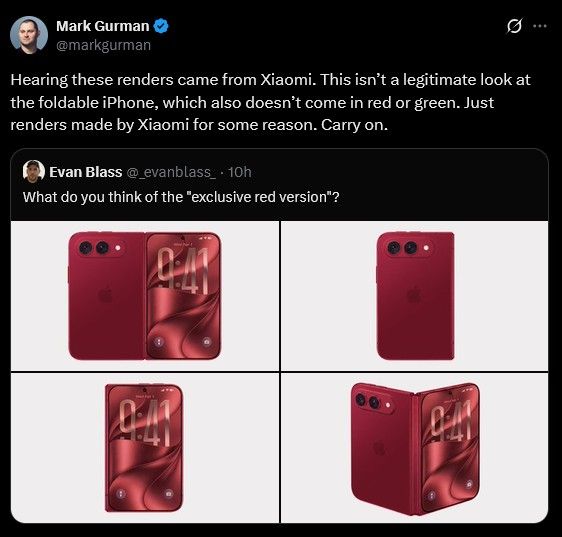 Mark Gurman on X revealing iPhone Ultra red renders are from Xiaomi and illegitimate Mark Gurman on X revealing iPhone Ultra red renders are from Xiaomi and illegitimate