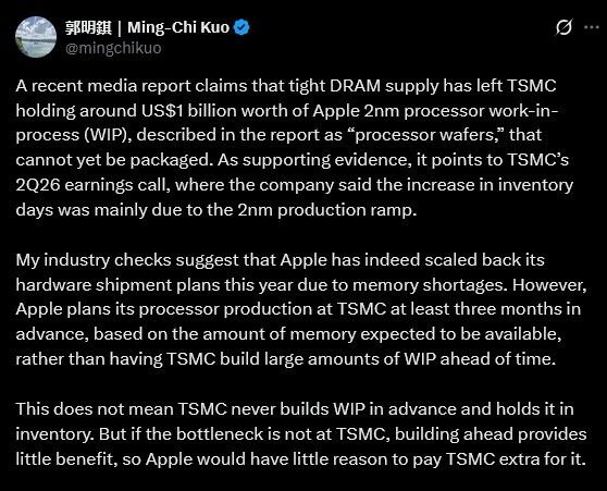 Ming Chi Kuo post on X regarding Apple and TSMC wafers deal Ming Chi Kuo post on X regarding Apple and TSMC wafers deal