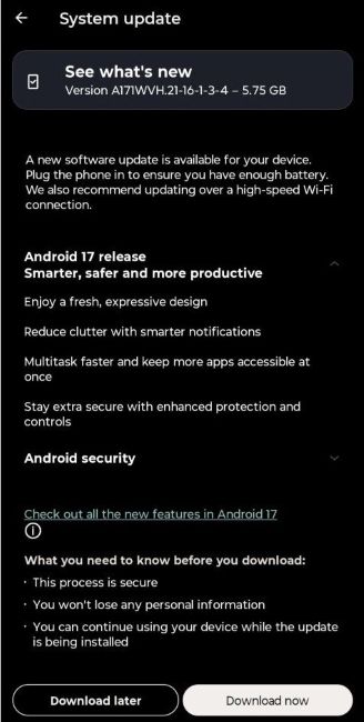 Android 17 update for Motorola Signature changelog