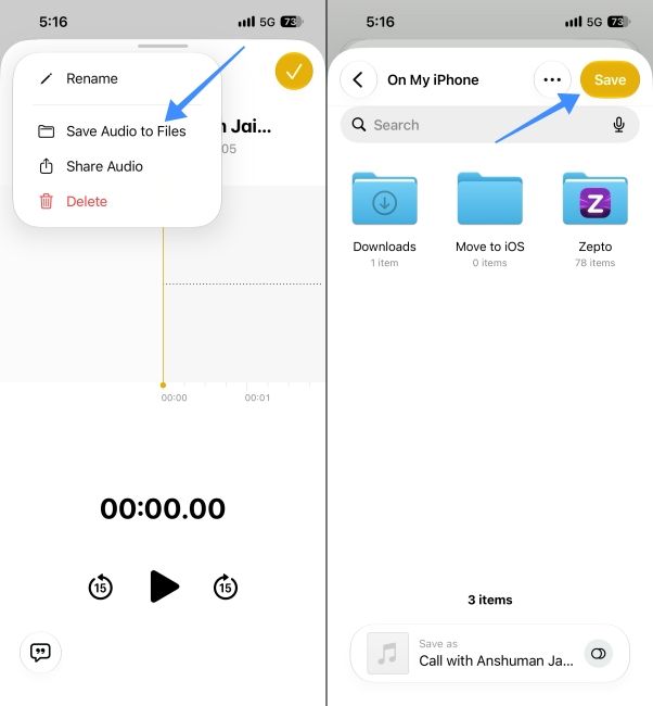 Move the Call Recording to Files app and Save it there