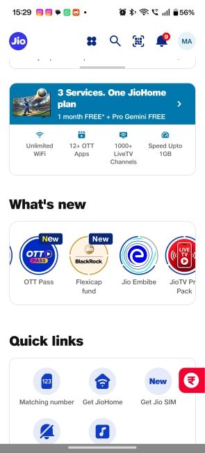What's New section in MyJio app with Jio Embibe banner What's New section in MyJio app with Jio Embibe banner