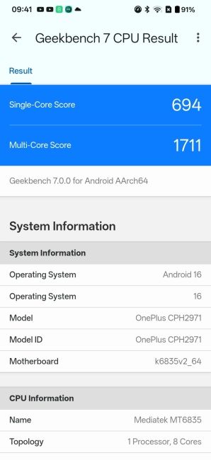OnePlus N6x Geekbench 6 Benchmark screenshot