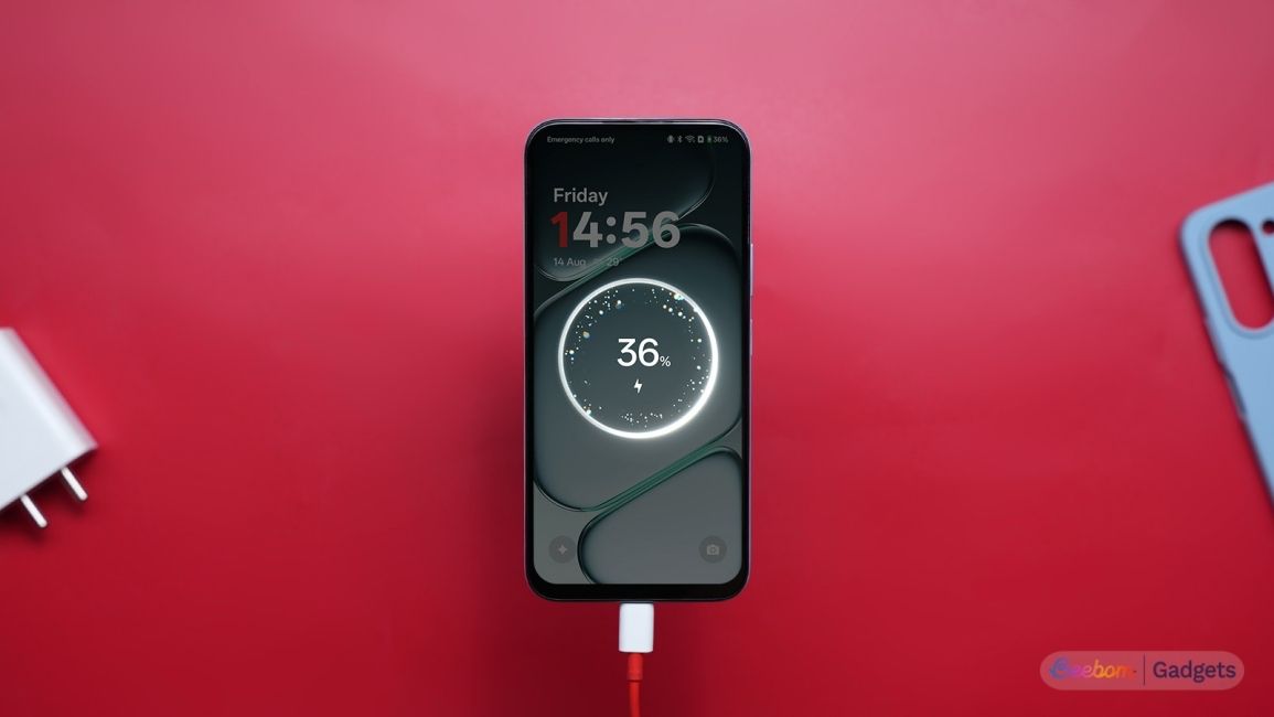 OnePlus N6x charging animation showcase with a red background