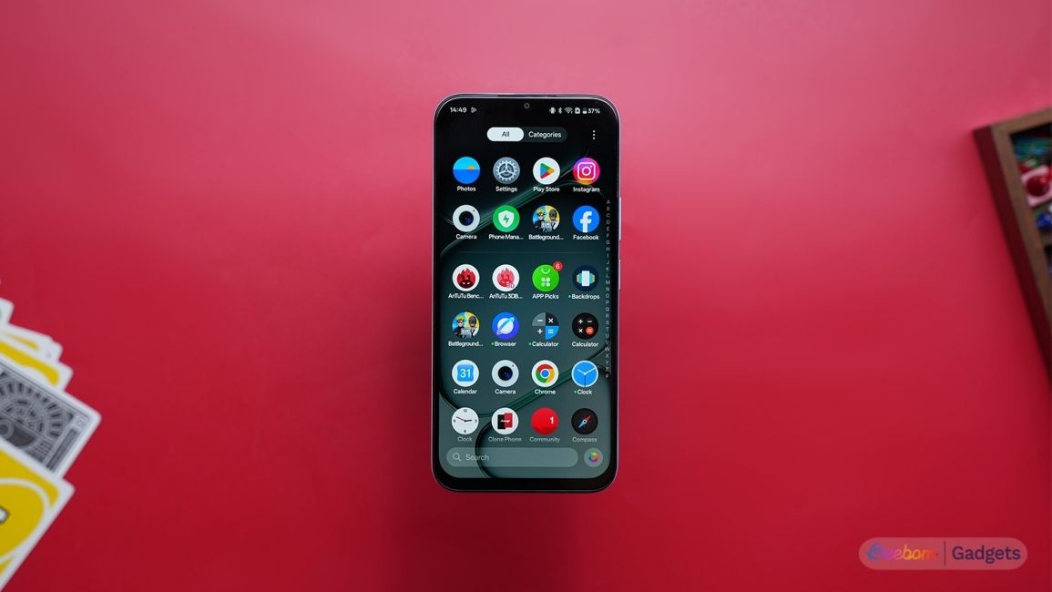 OnePlus N6x home screen showcase on a red background