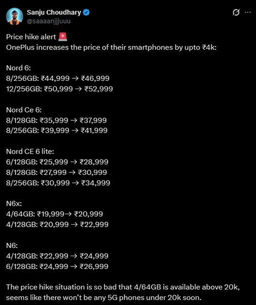 OnePlus Price Hike alert post by Sanji Choudhary on X