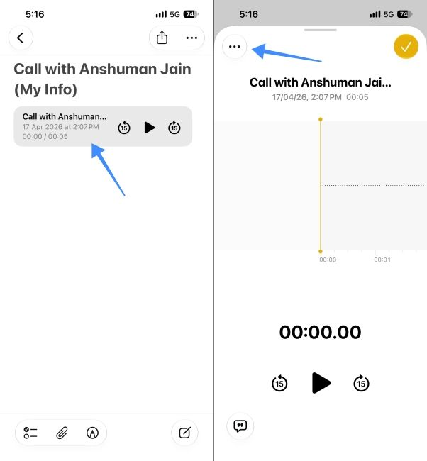 Open the call recording in the Notes app