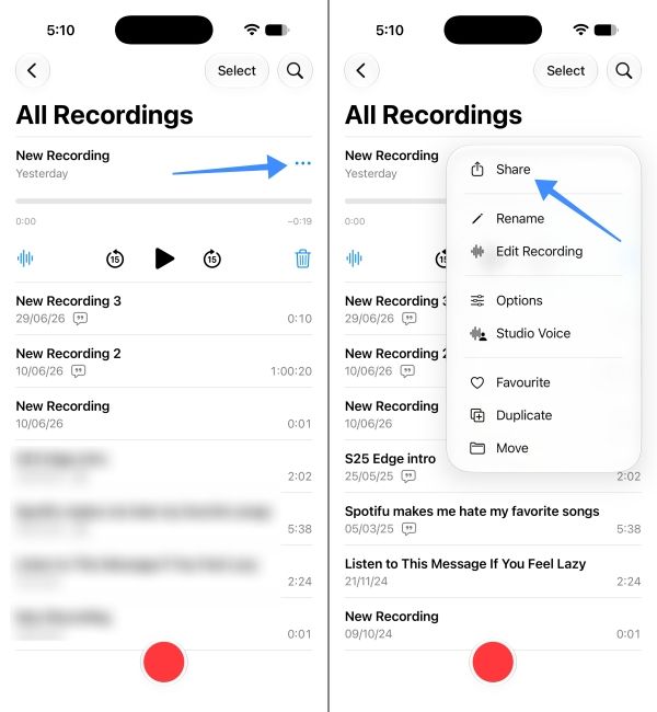 Open the three dot menu in the Voice Memo app