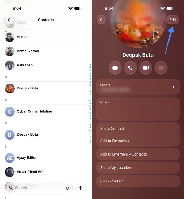 Opening a contact card on iOS 