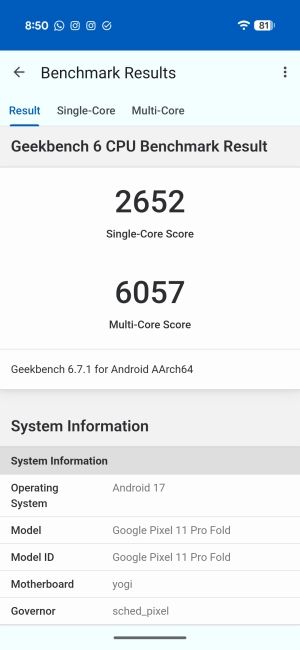 Pixel 11 Pro Fold Geekbench 6 Benchmark screenshot 