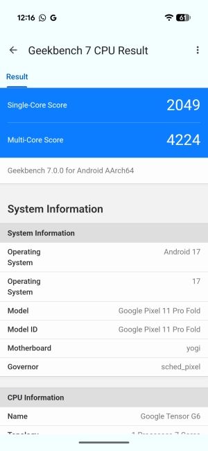 Pixel 11 Pro Fold Geekbench 7 Benchmark screenshot 