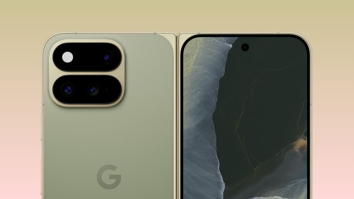 Pixel 11 Pro Fold open with a close up at its cameras