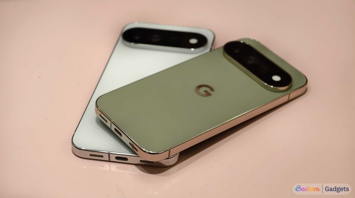 shot of the Pixel 11 Pro models in Olive and Fog colourways