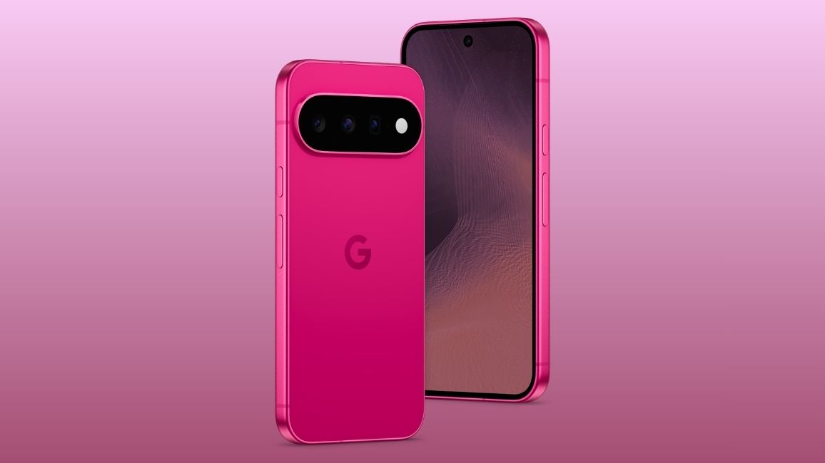 Pixel 11 in Hibiscus colour variant from back and the front with a gradient background