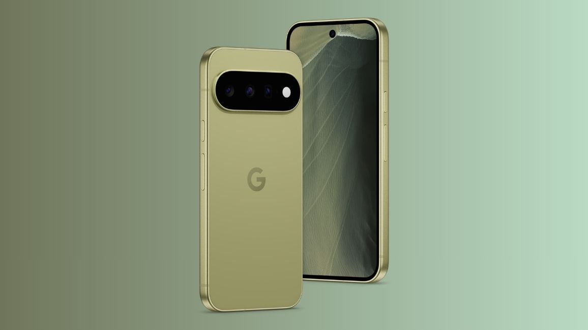 Pixel 11 in Pistachio Colour Showcase against a gradient background Pixel 11 in Pistachio Colour Showcase against a gradient background