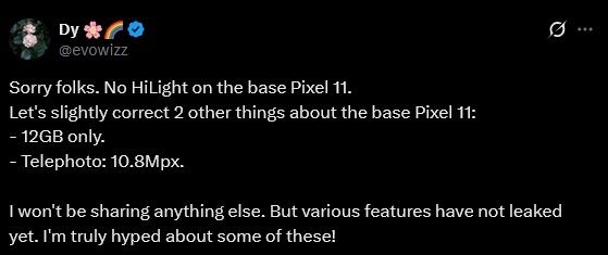 Pixel 11 smartphone information suggesting no HilIght fetaure
