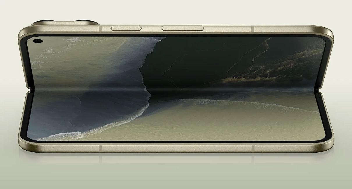 Google Pixel 11 Pro Fold partially unfolded from the sides in Olive colourway