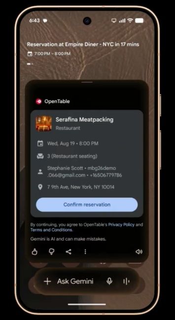 Pixel 11 showing the Gemini Intelligence automation to book a reservation shown in Google's demo