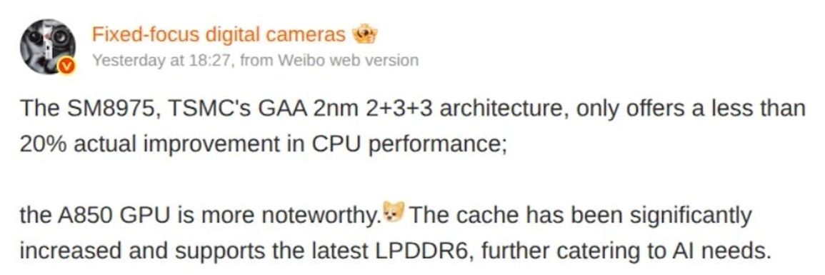 weibo screenshot showing leaked cpu details of snapdragon 8 elite gen 6 pro