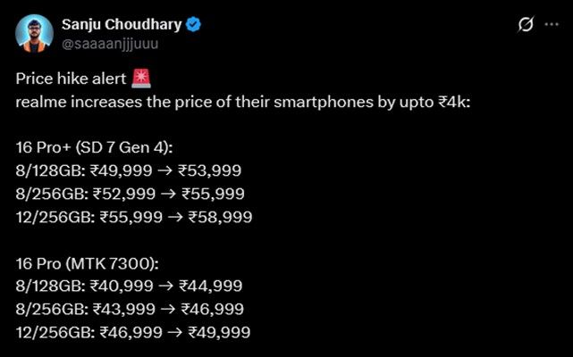 Realme Smartphones price hike information from sanju choudhary